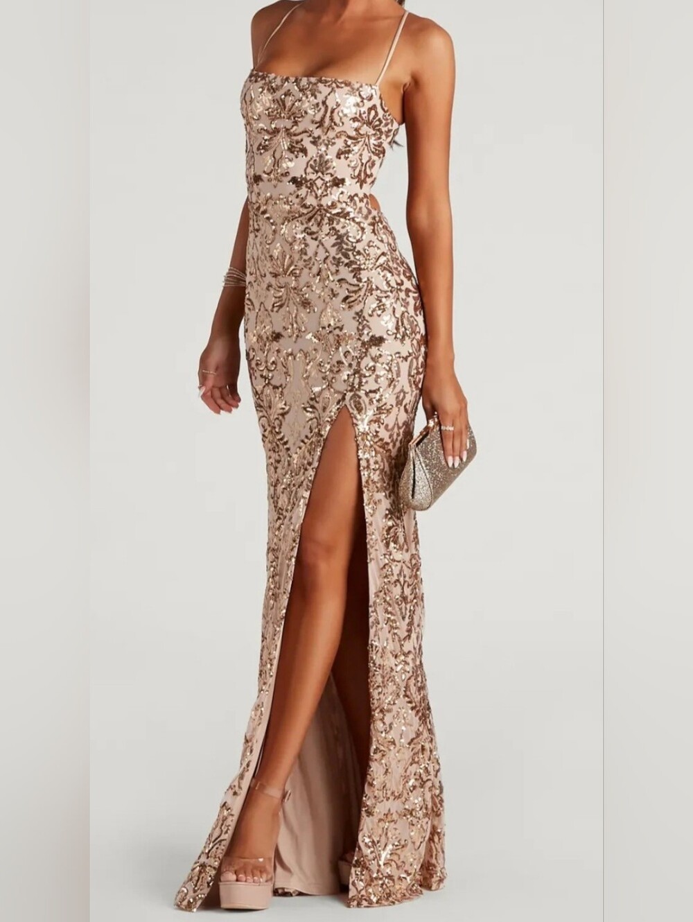 Gold Sequin Evening Gown - Elegant Women's Dress